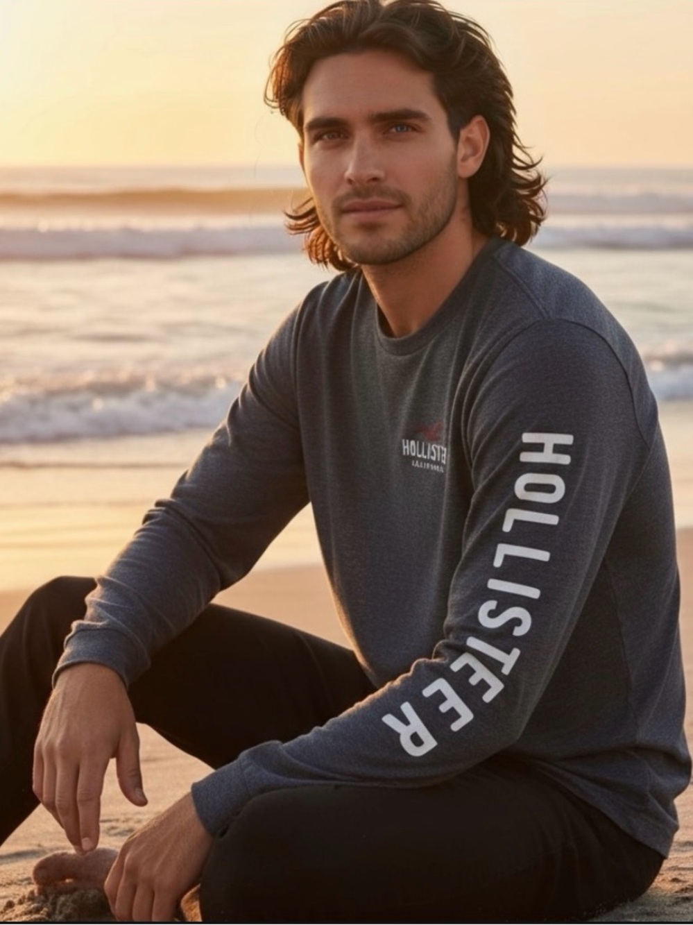 Hollister Men’s Long Sleeve Graphic Tee Size M | California Surf Logo Navy Blue